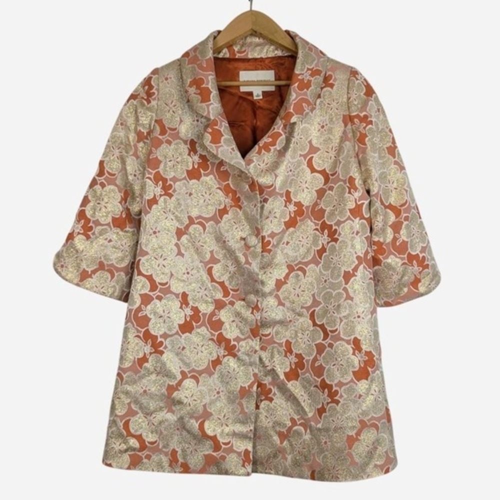 Banana Republic Silk Metallic Brocade Swing Coat Rust Gold Small